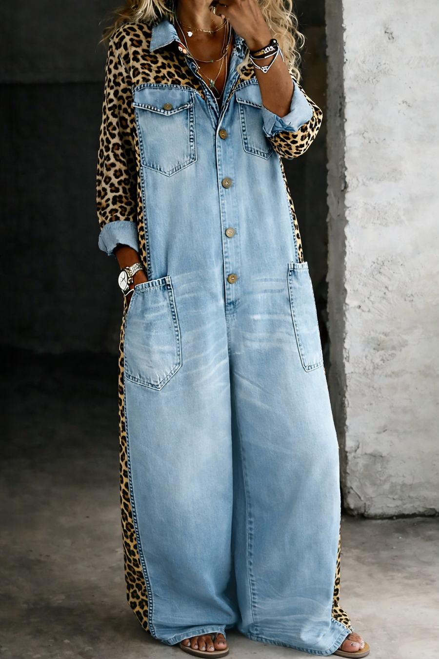 Amanda | Leopard-Trim Denim Jumpsuit
