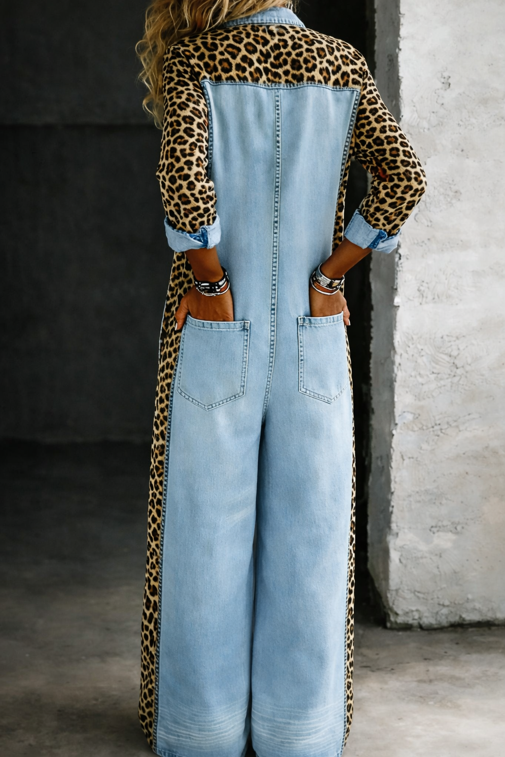 Amanda | Leopard-Trim Denim Jumpsuit