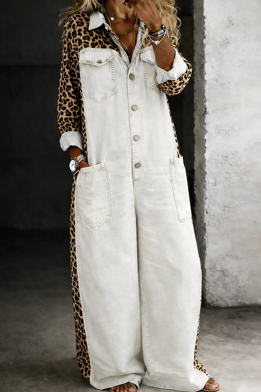 Amanda | Leopard-Trim Denim Jumpsuit