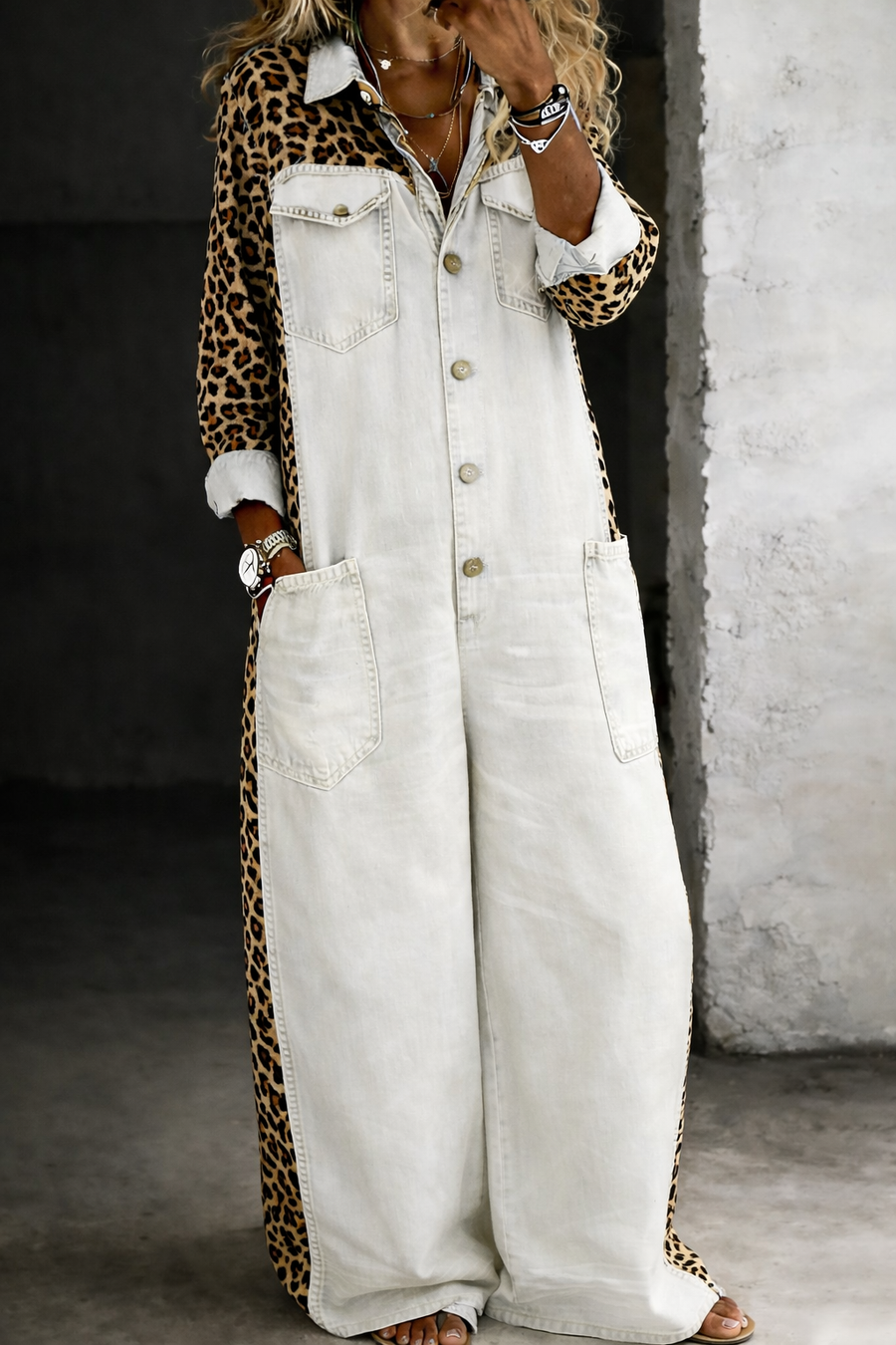 Amanda | Leopard-Trim Denim Jumpsuit