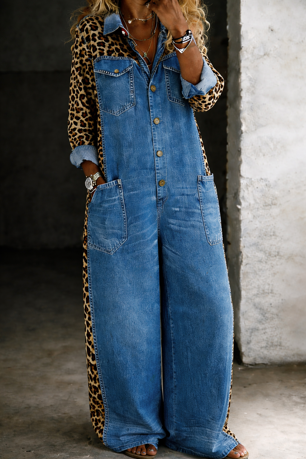 Amanda | Leopard-Trim Denim Jumpsuit