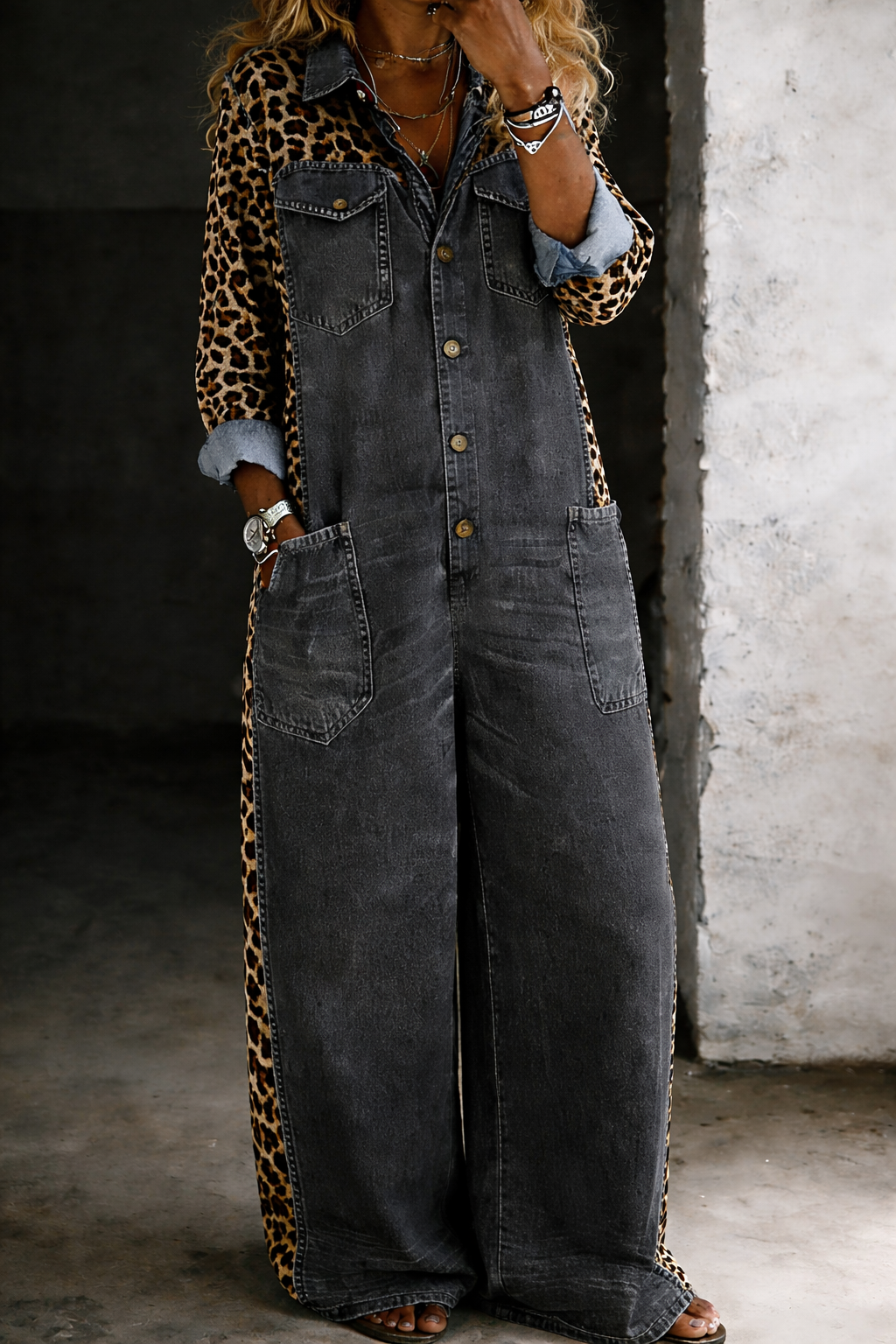 Amanda | Leopard-Trim Denim Jumpsuit