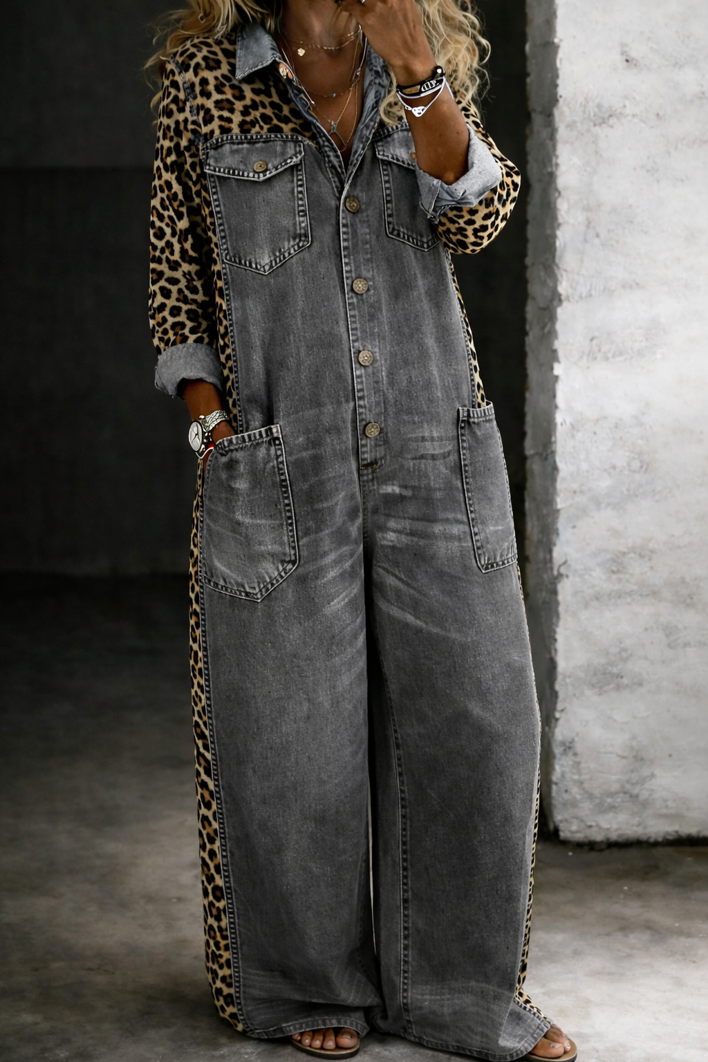 Amanda | Leopard-Trim Denim Jumpsuit