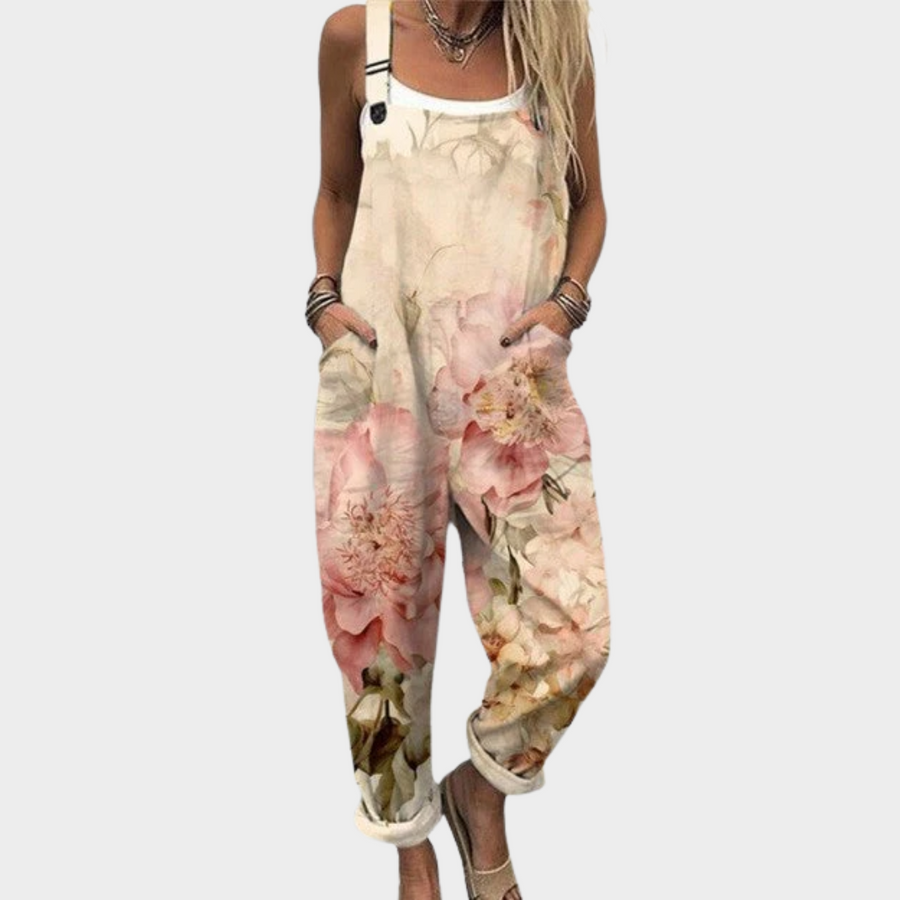 Isobel | Beige Print Dungarees