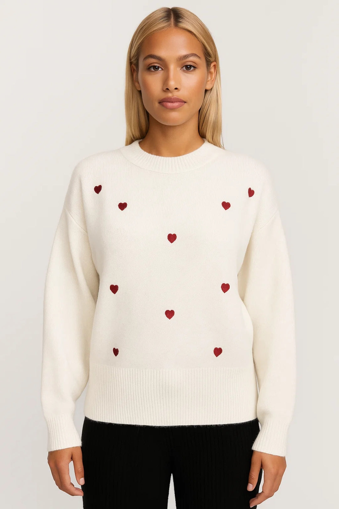 Romilly | White Jumper with Red Heart Pattern