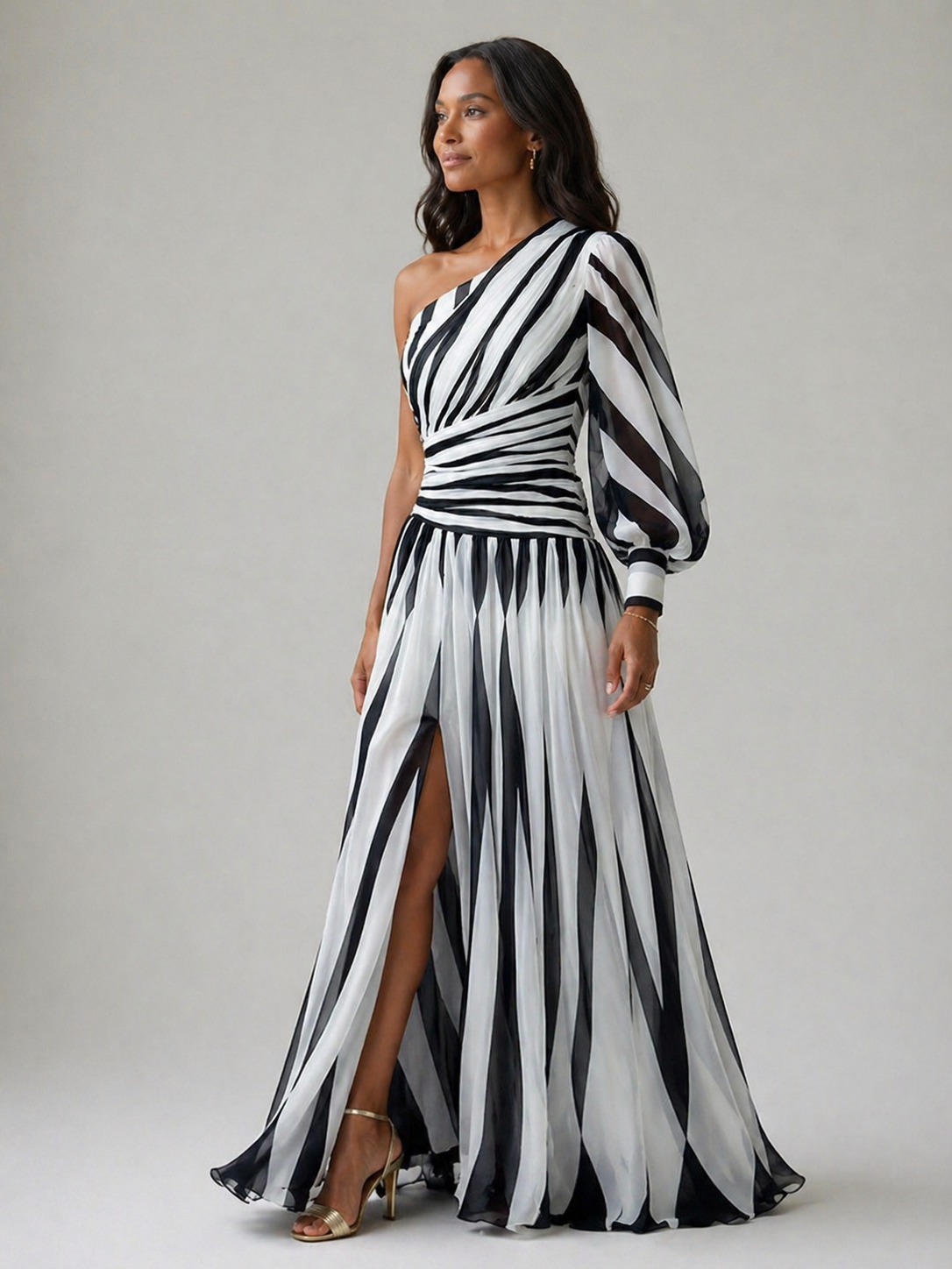 Dorothea | Elegant Striped Maxi Dress with One Shoulder
