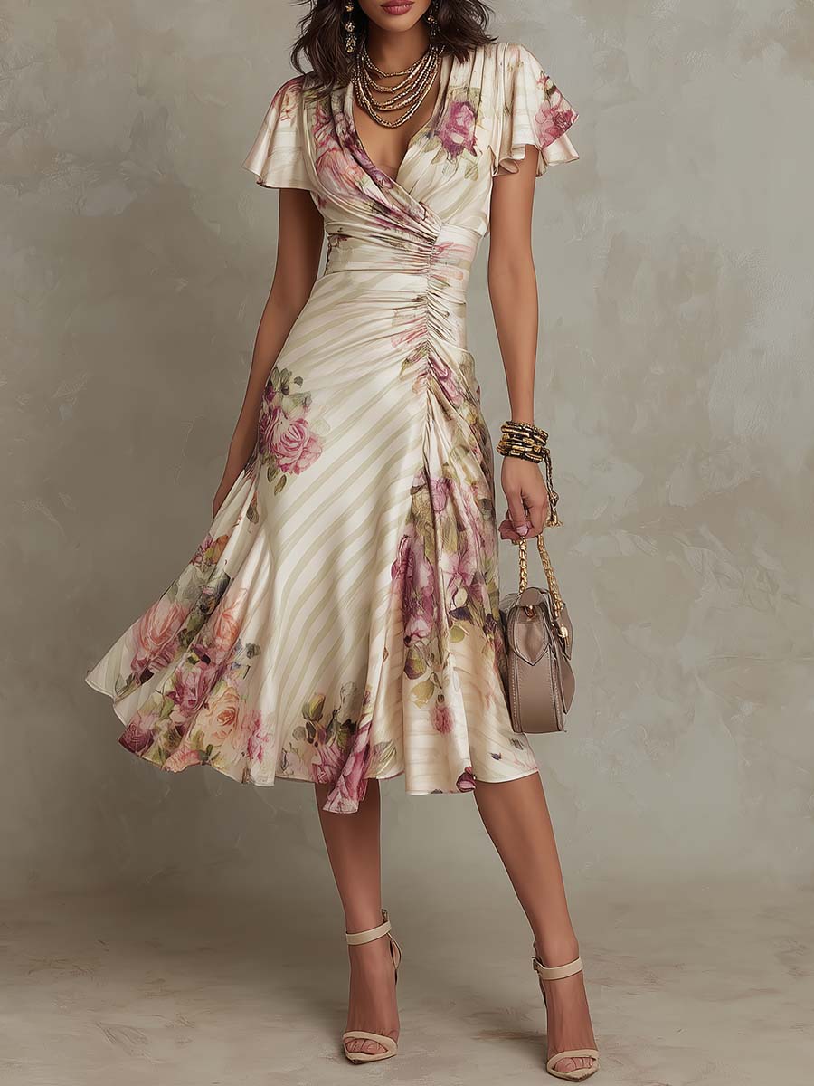 Alba | Elegant Floral Ruched Wrap Midi Dress