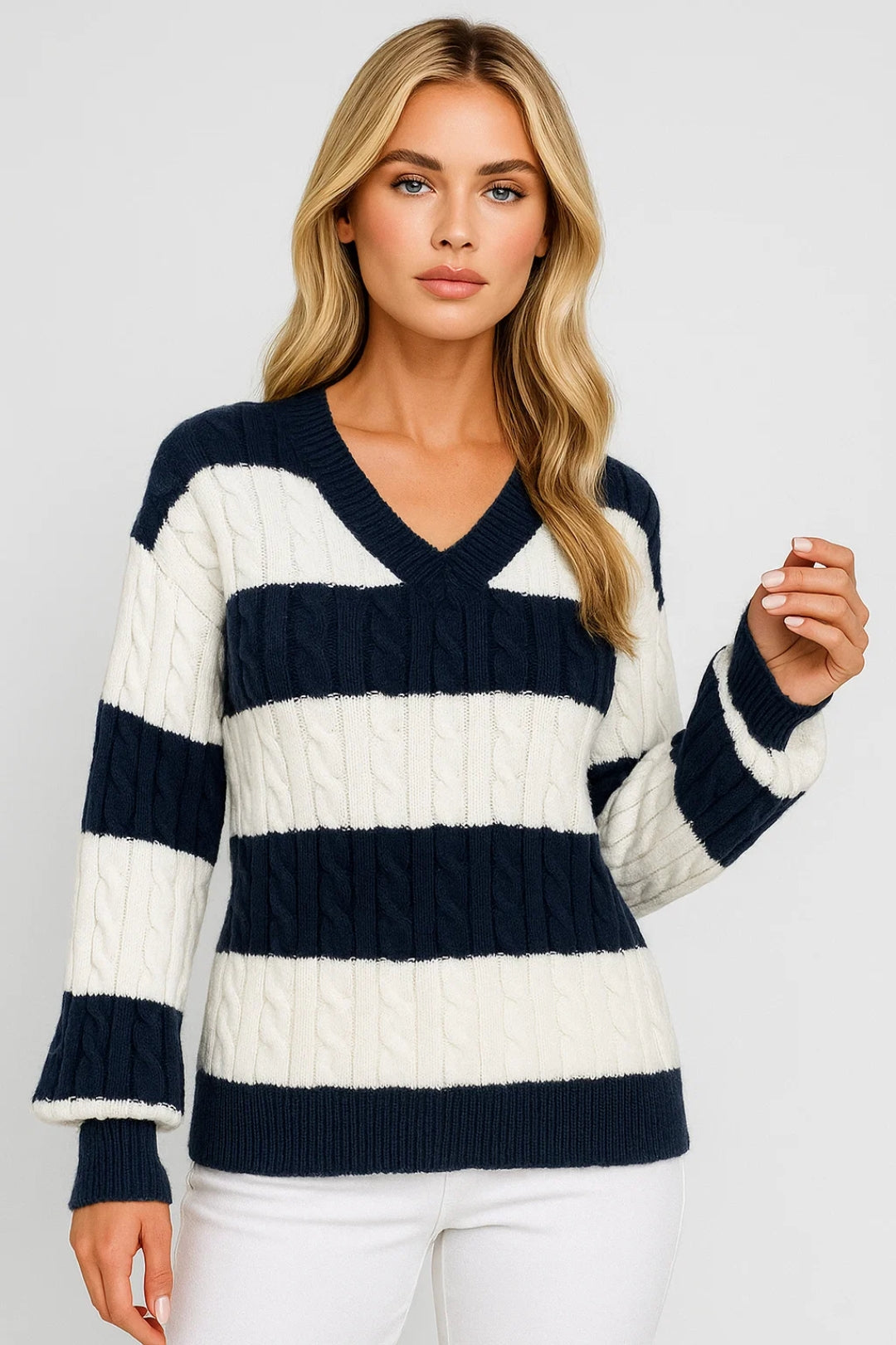 Mirelle | V Neck Cable Knit Striped Jumper