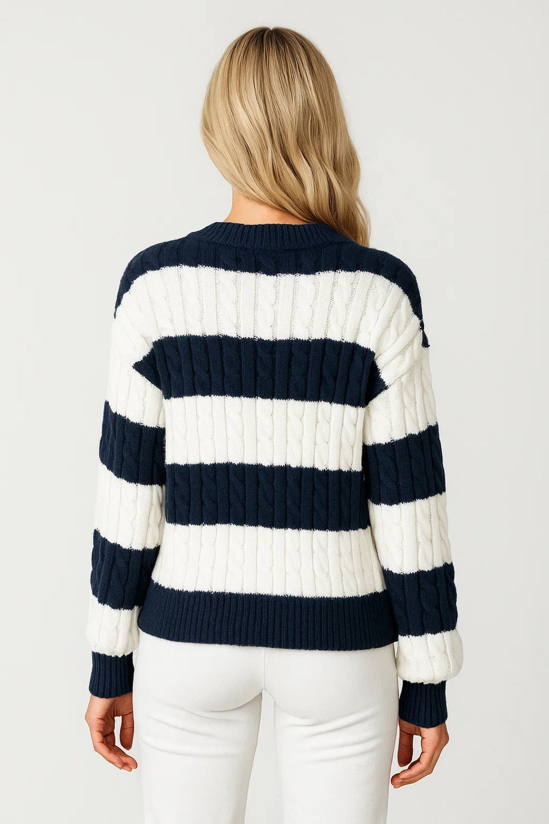 Mirelle | V Neck Cable Knit Striped Jumper