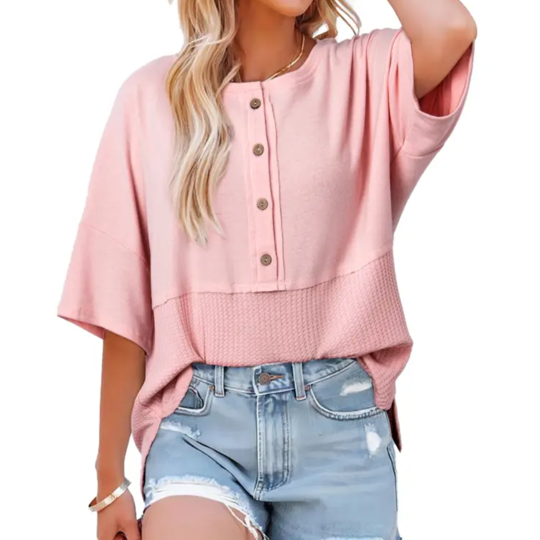 FRANKIE™ – Relaxed Waffle Knit Button Blouse
