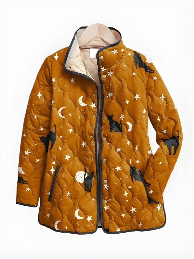 Maya | Black Quilted Jacket with Cat Pattern