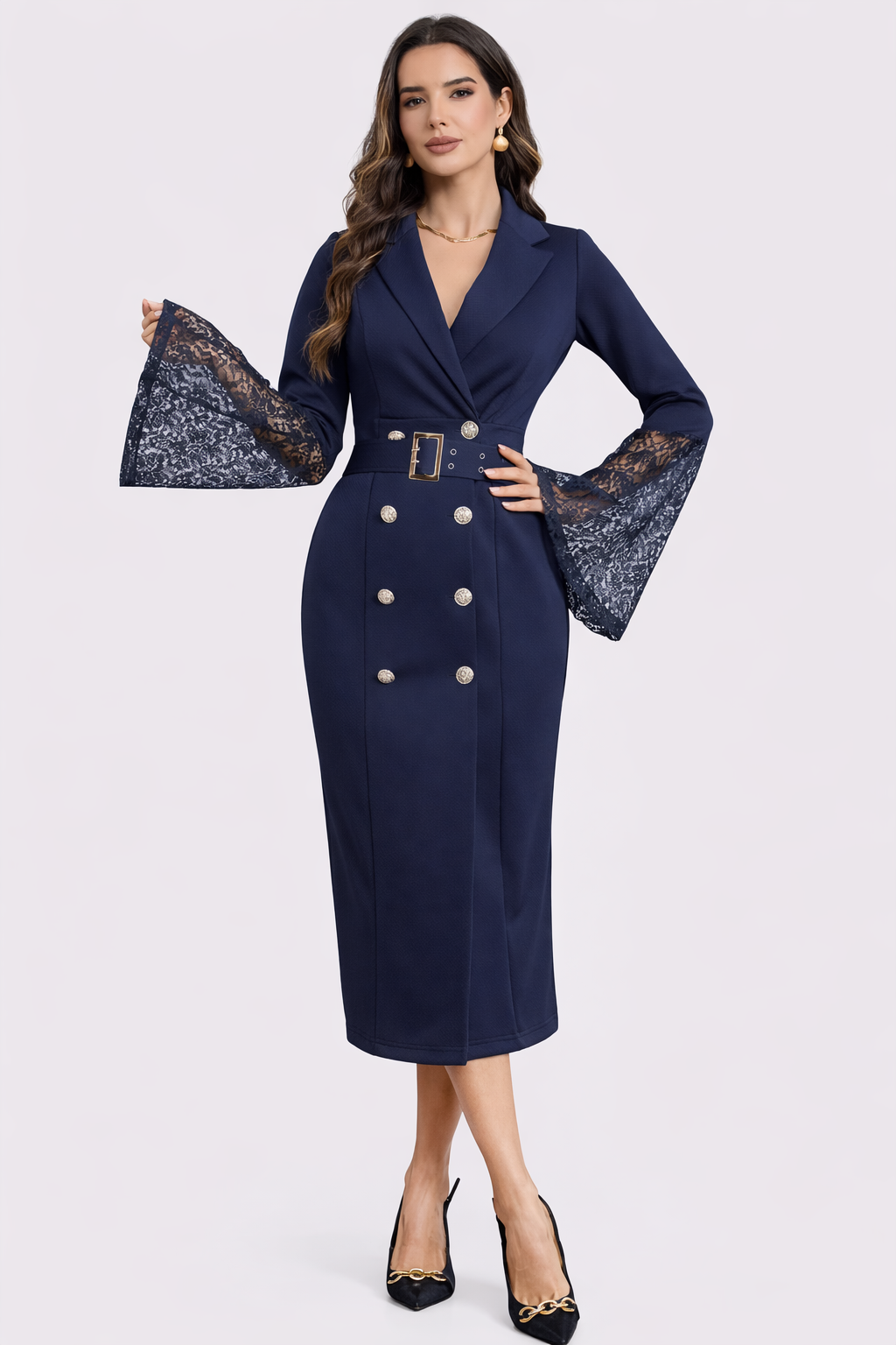 Kerensa | Belted Lace Sleeve Midi Dress