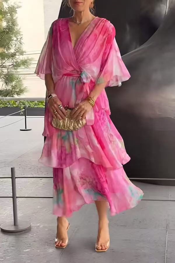 Kimberly | Tiered Watercolour Midi Dress