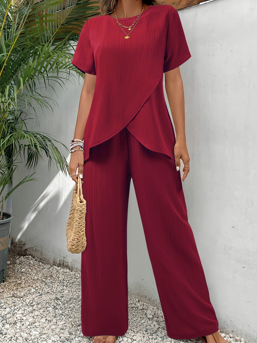 Adelaide | Textured Wrap Hem Top and Wide Leg Trouser Set
