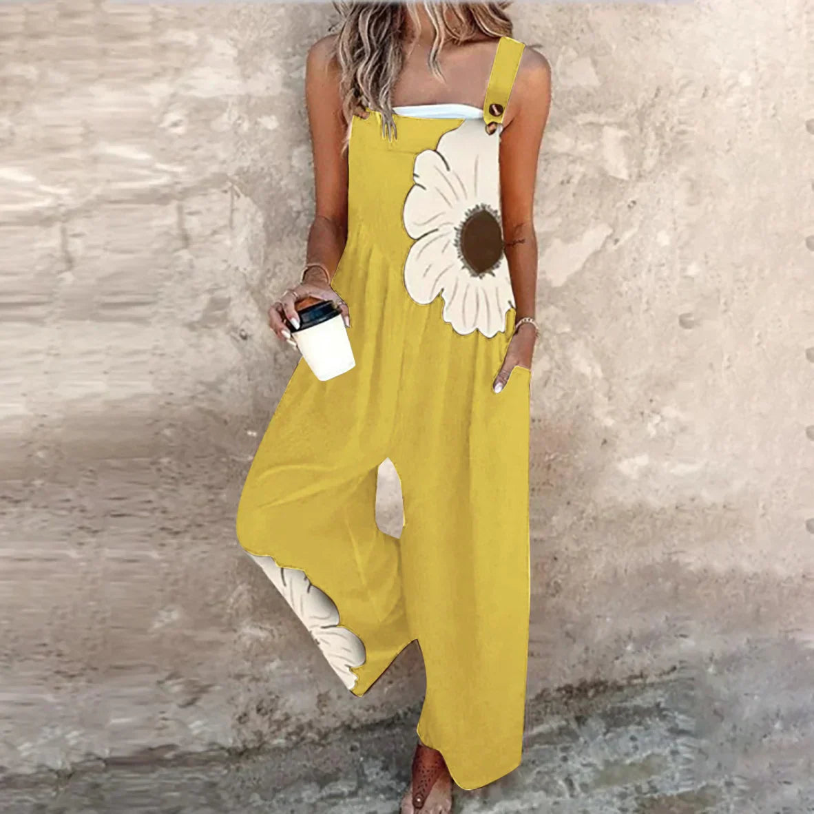 Women's Vintage Floral Pattern Art Print Casual Cotton Linen Wide Leg Jumpsuit