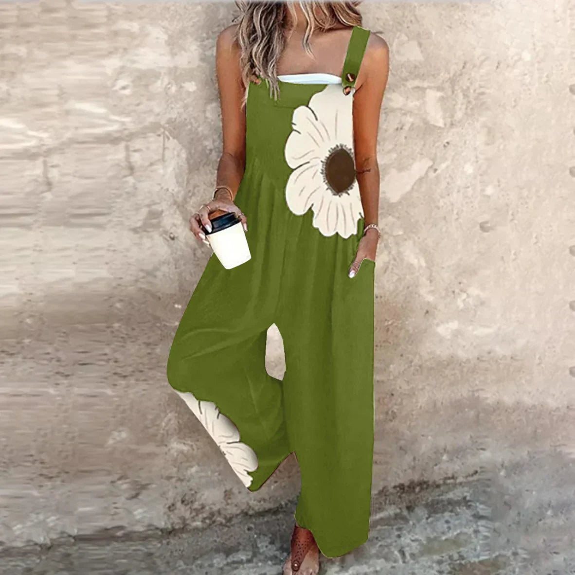 Women's Vintage Floral Pattern Art Print Casual Cotton Linen Wide Leg Jumpsuit