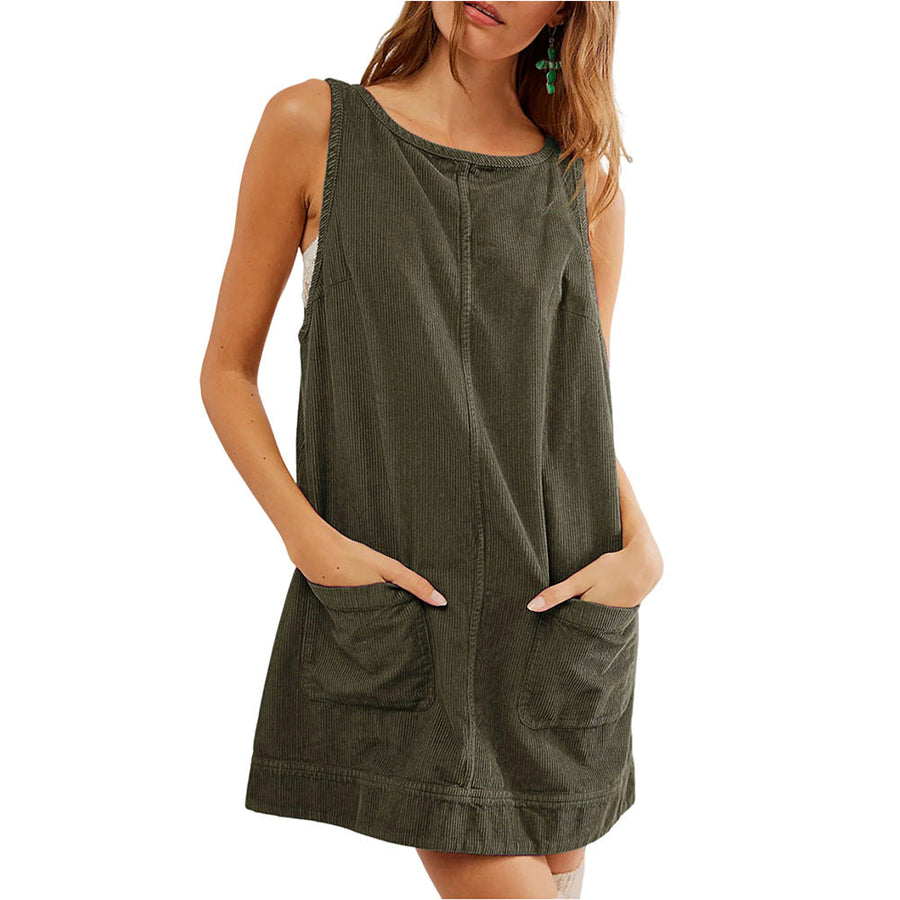 CATALEYA™ - Corduroy Overall Dress with Round Neck and A-Line Skirtall