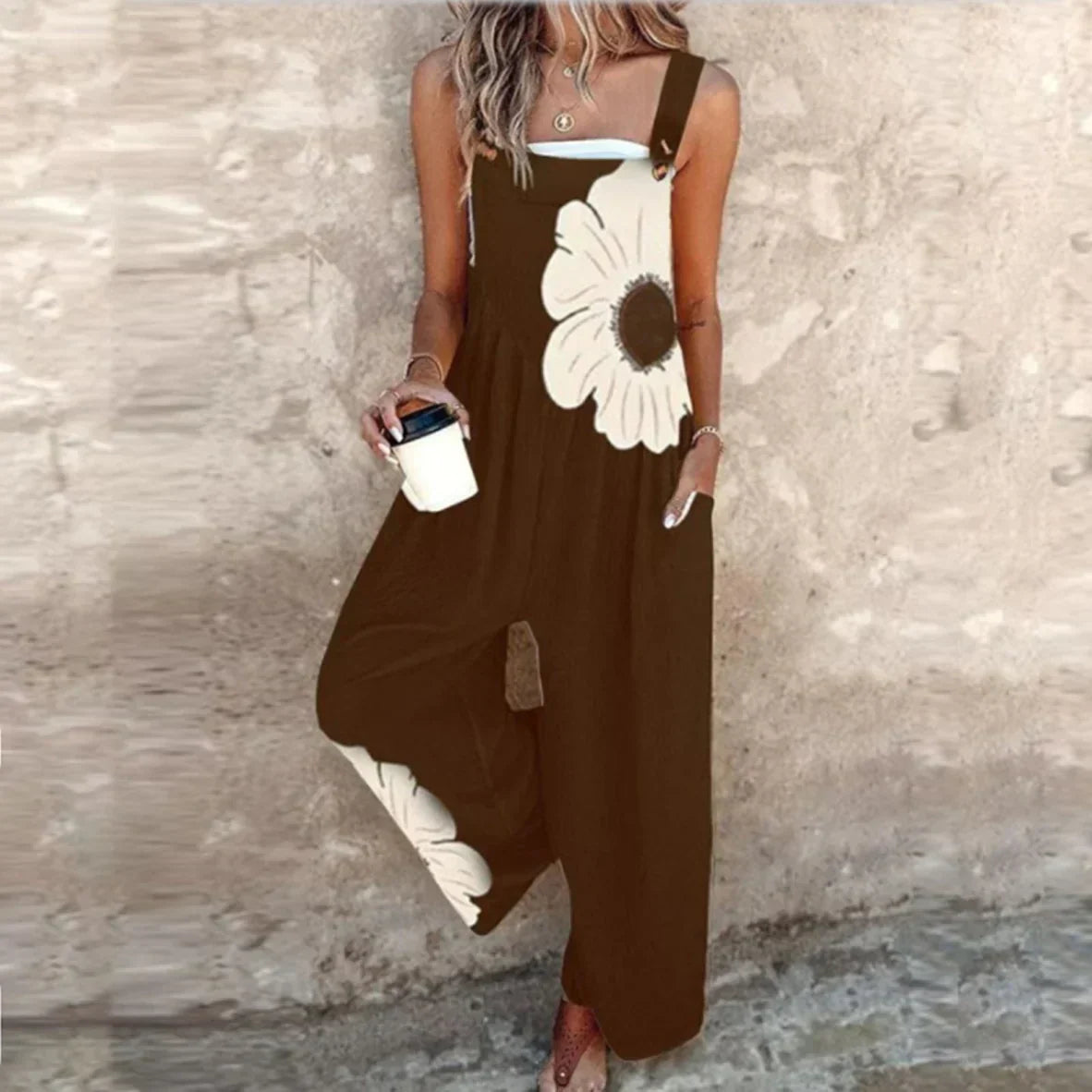 Women's Vintage Floral Pattern Art Print Casual Cotton Linen Wide Leg Jumpsuit