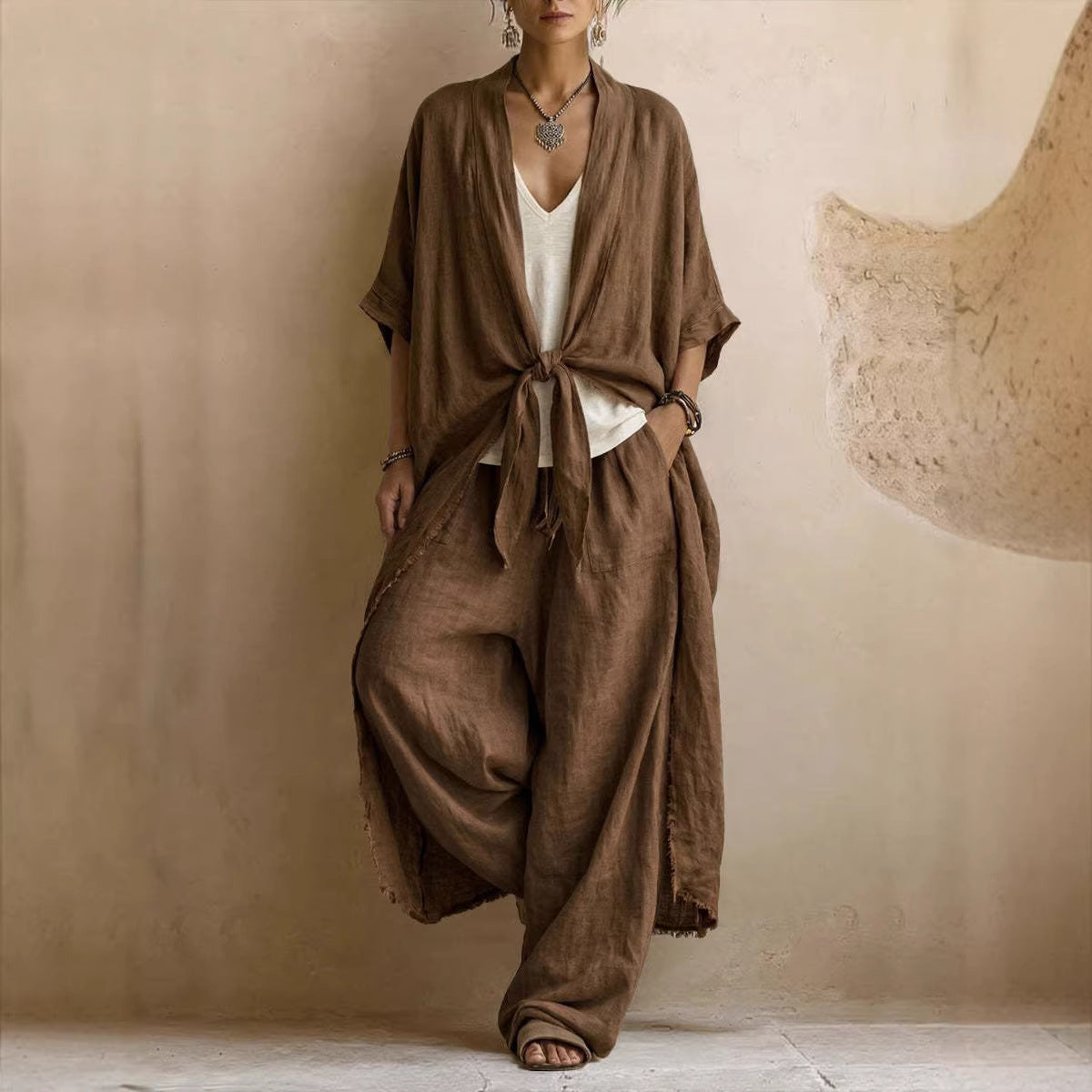 Ottilie | Oversized Linen Kimono and Wide Leg Trousers Two-Piece Set