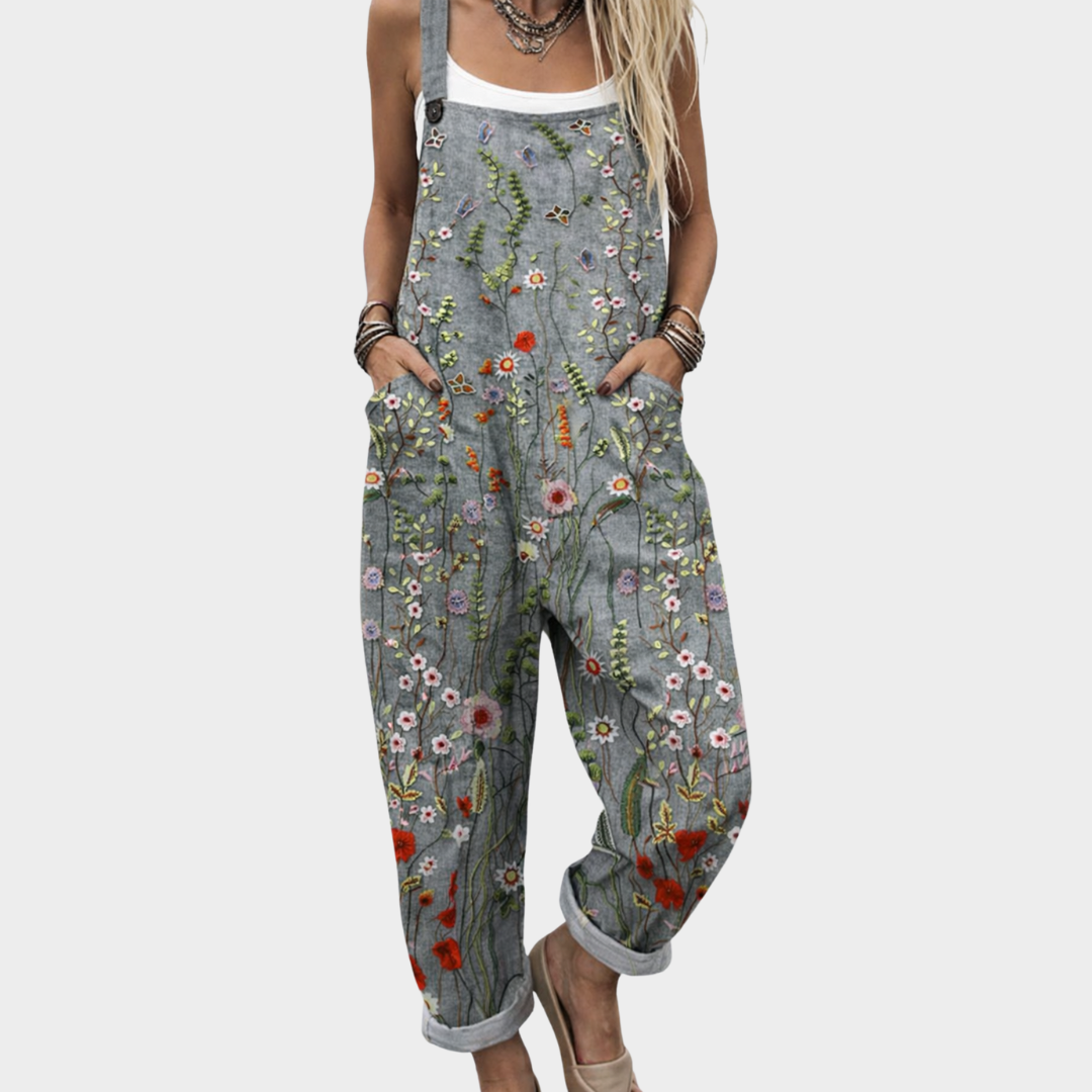 Cordelia | Grey Floral Dungarees