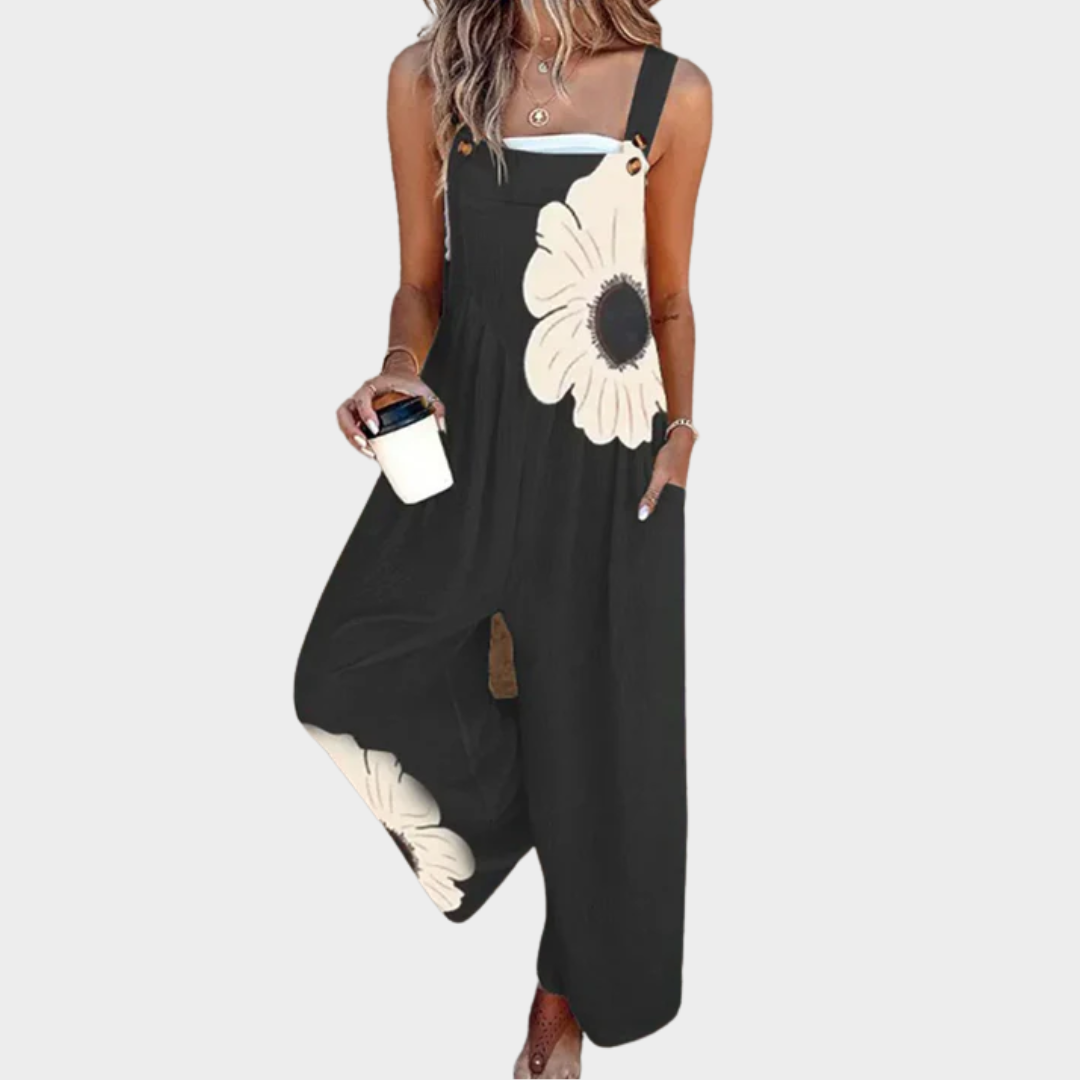 Women's Vintage Floral Pattern Art Print Casual Cotton Linen Wide Leg Jumpsuit
