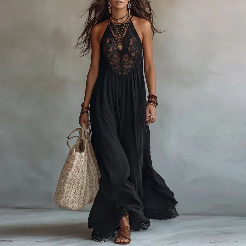 Jade | Lace Panel Halter Maxi Dress