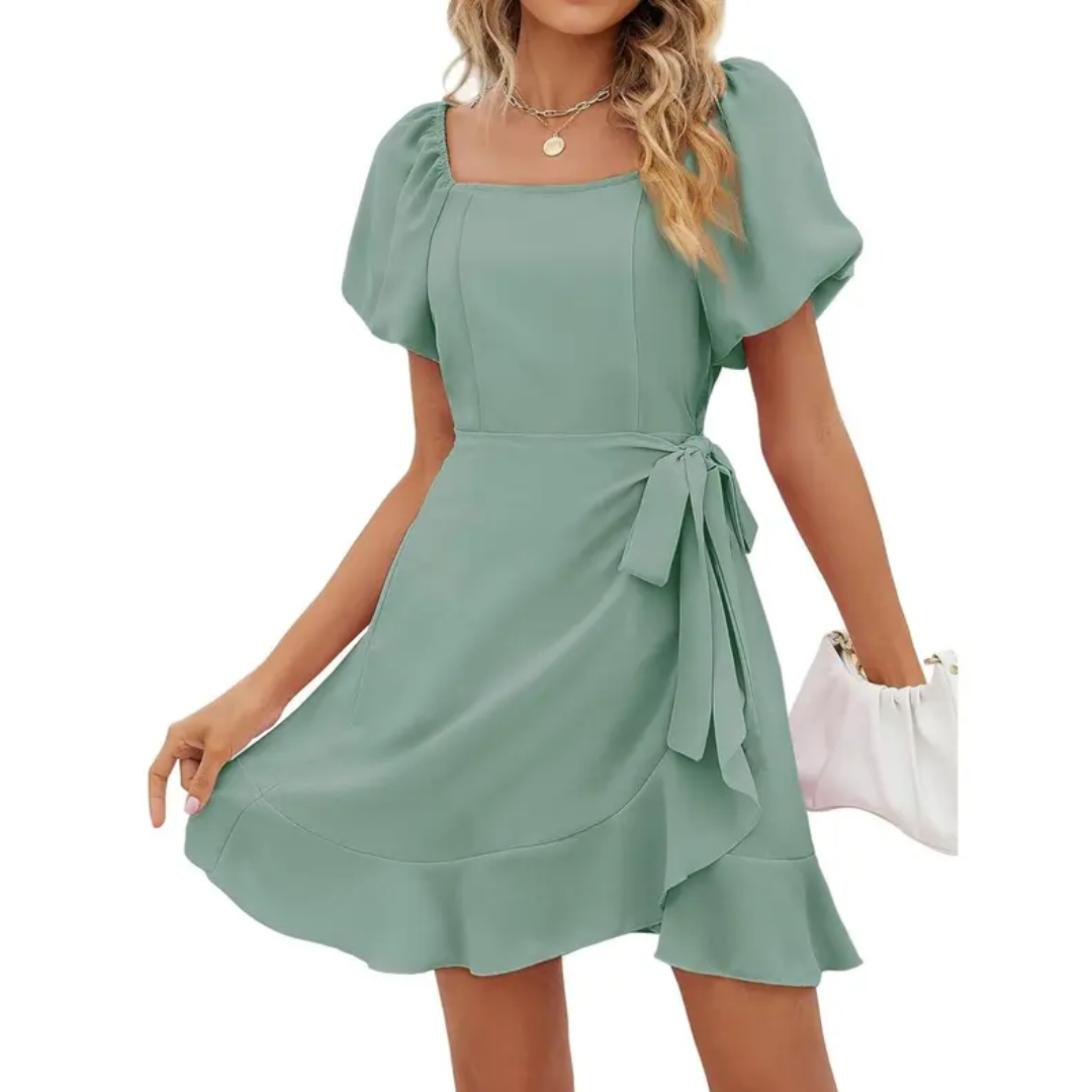 WINSLEY™ – Square Neck Puff Sleeve Tie Waist Short Dress