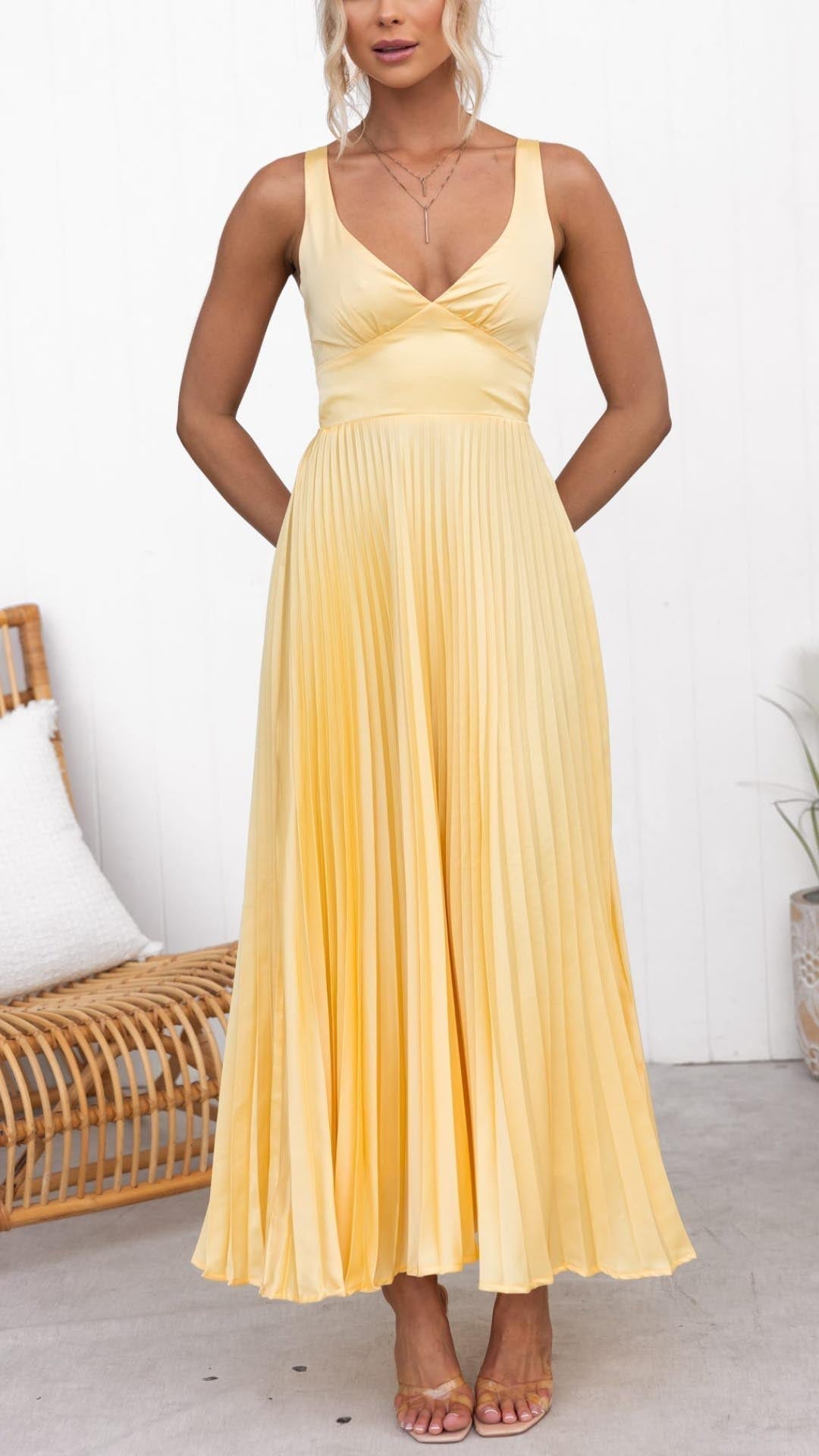 Noelia | Pleated V Neck Maxi Dress