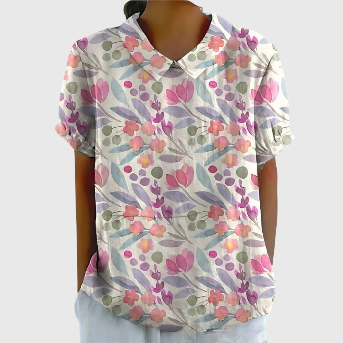Wendy | Floral Print Short Sleeve Collared Blouse