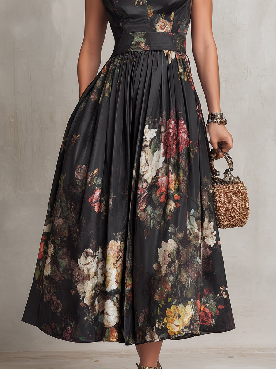 Ida | Keyhole Collar Floral Pleated Satin Midi Dress