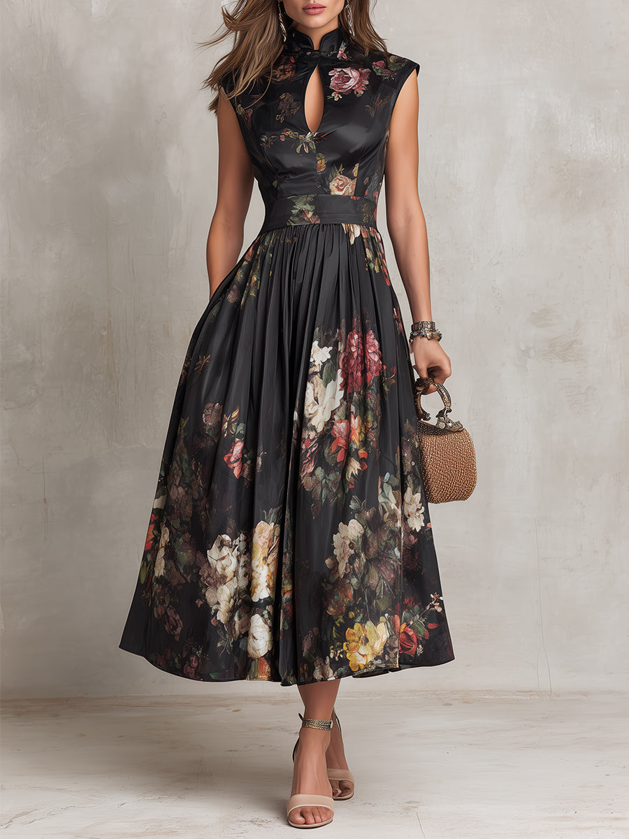 Ida | Keyhole Collar Floral Pleated Satin Midi Dress