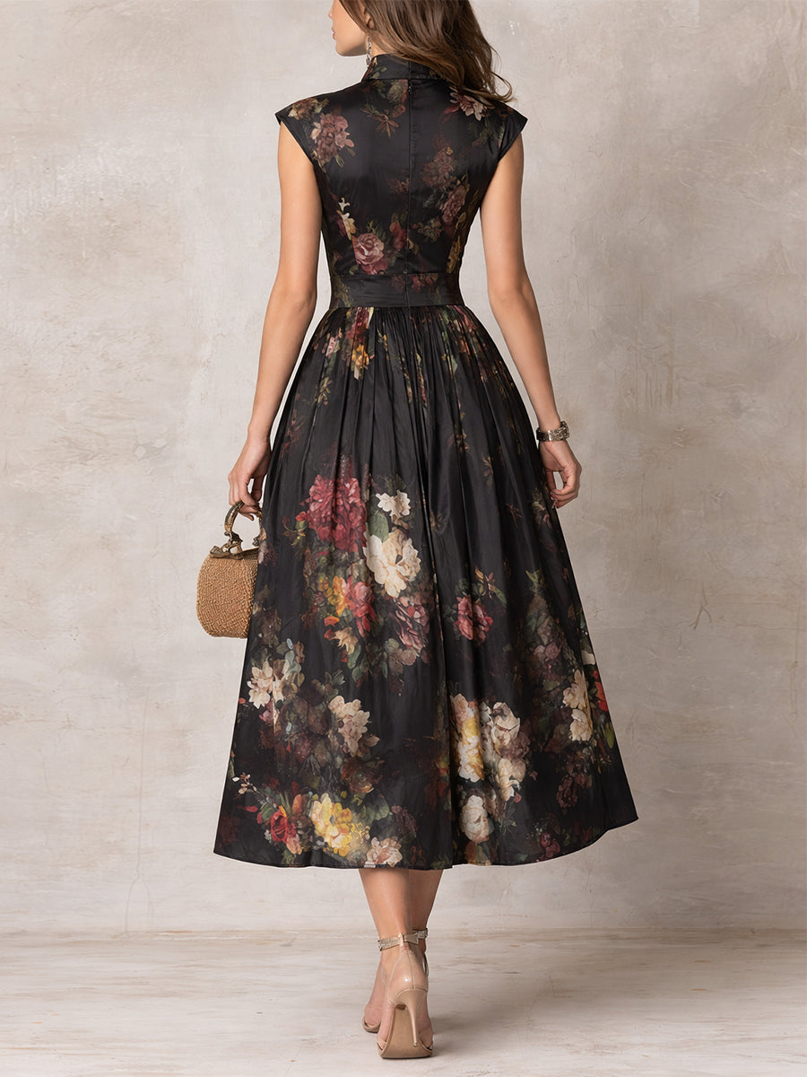 Ida | Keyhole Collar Floral Pleated Satin Midi Dress