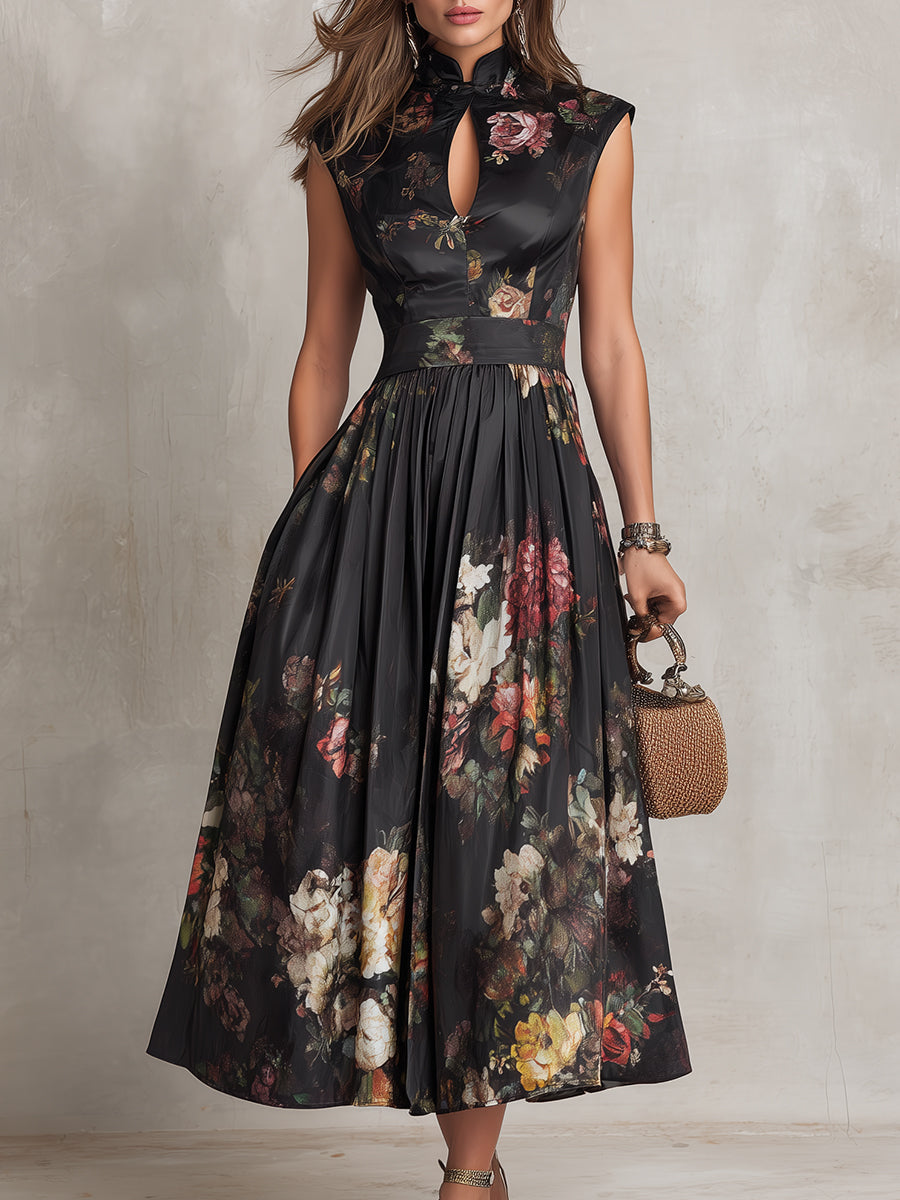 Ida | Keyhole Collar Floral Pleated Satin Midi Dress
