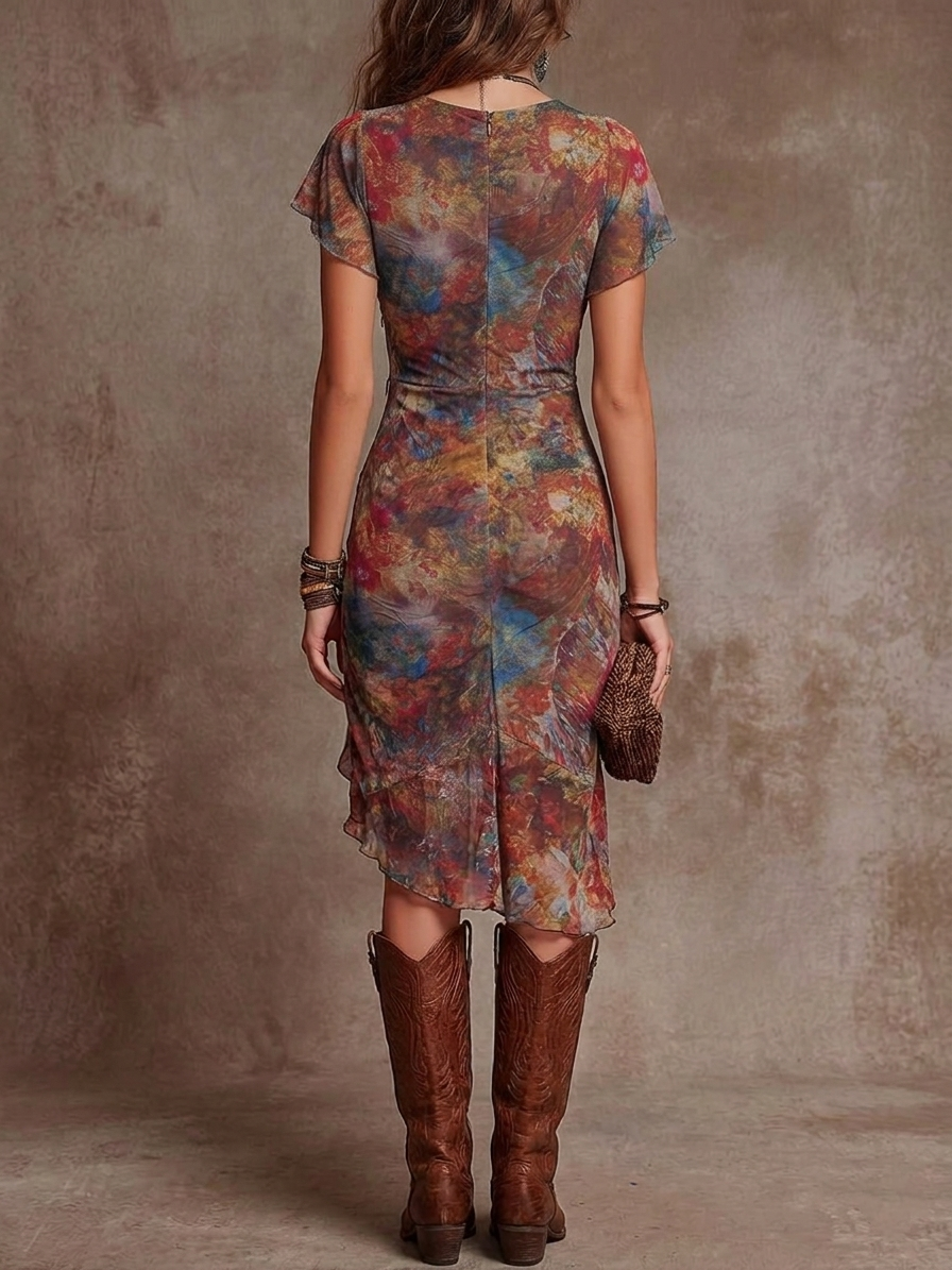 Tatiana | Bohemian Abstract Art Print V Neck Dress