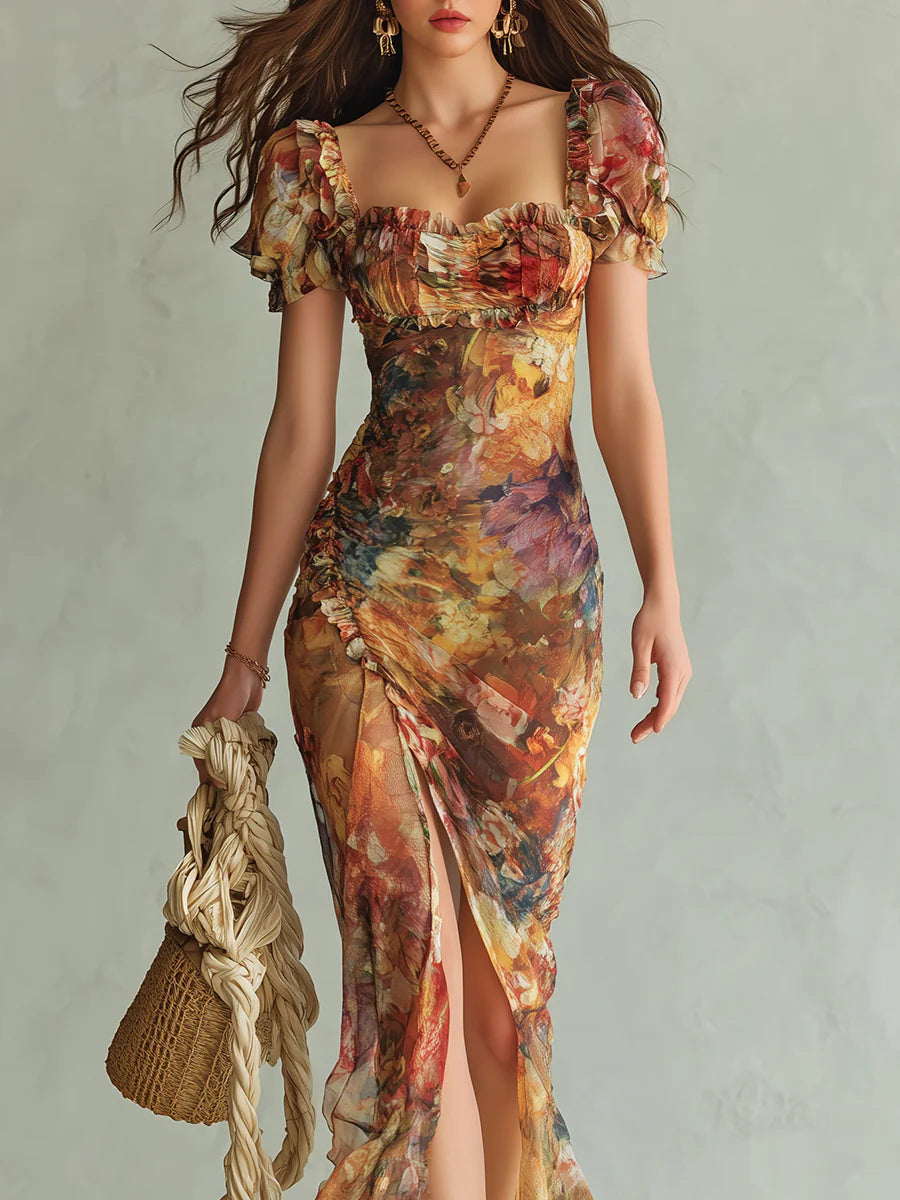 Renata | Bohemian Holiday Oil Painting Print Chiffon Dress