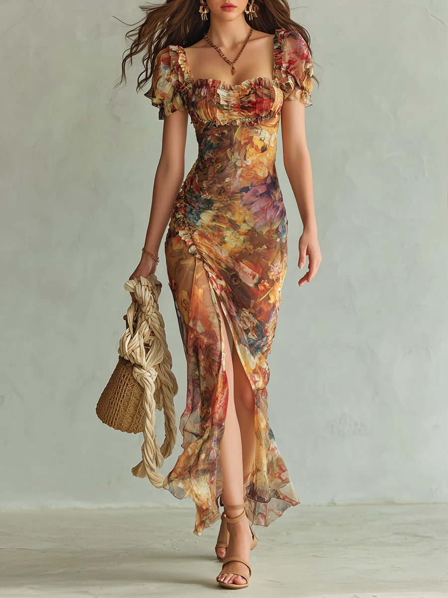 Renata | Bohemian Holiday Oil Painting Print Chiffon Dress