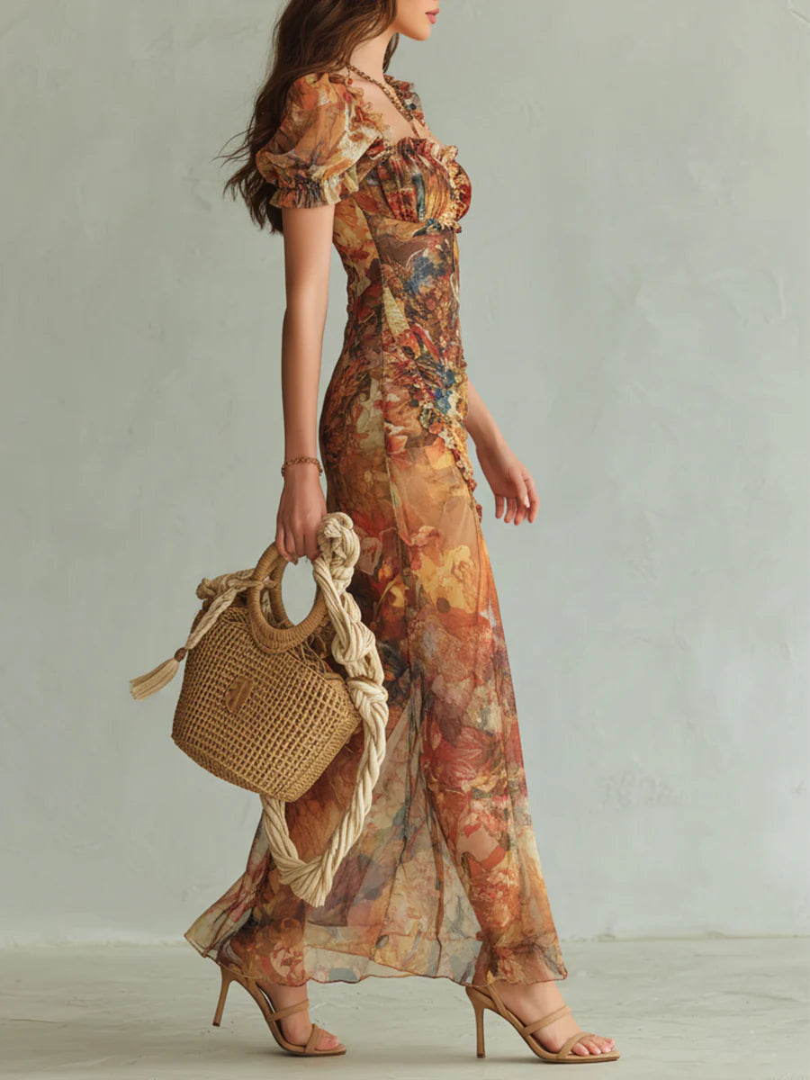 Renata | Bohemian Holiday Oil Painting Print Chiffon Dress