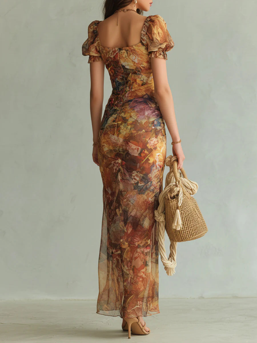 Renata | Bohemian Holiday Oil Painting Print Chiffon Dress