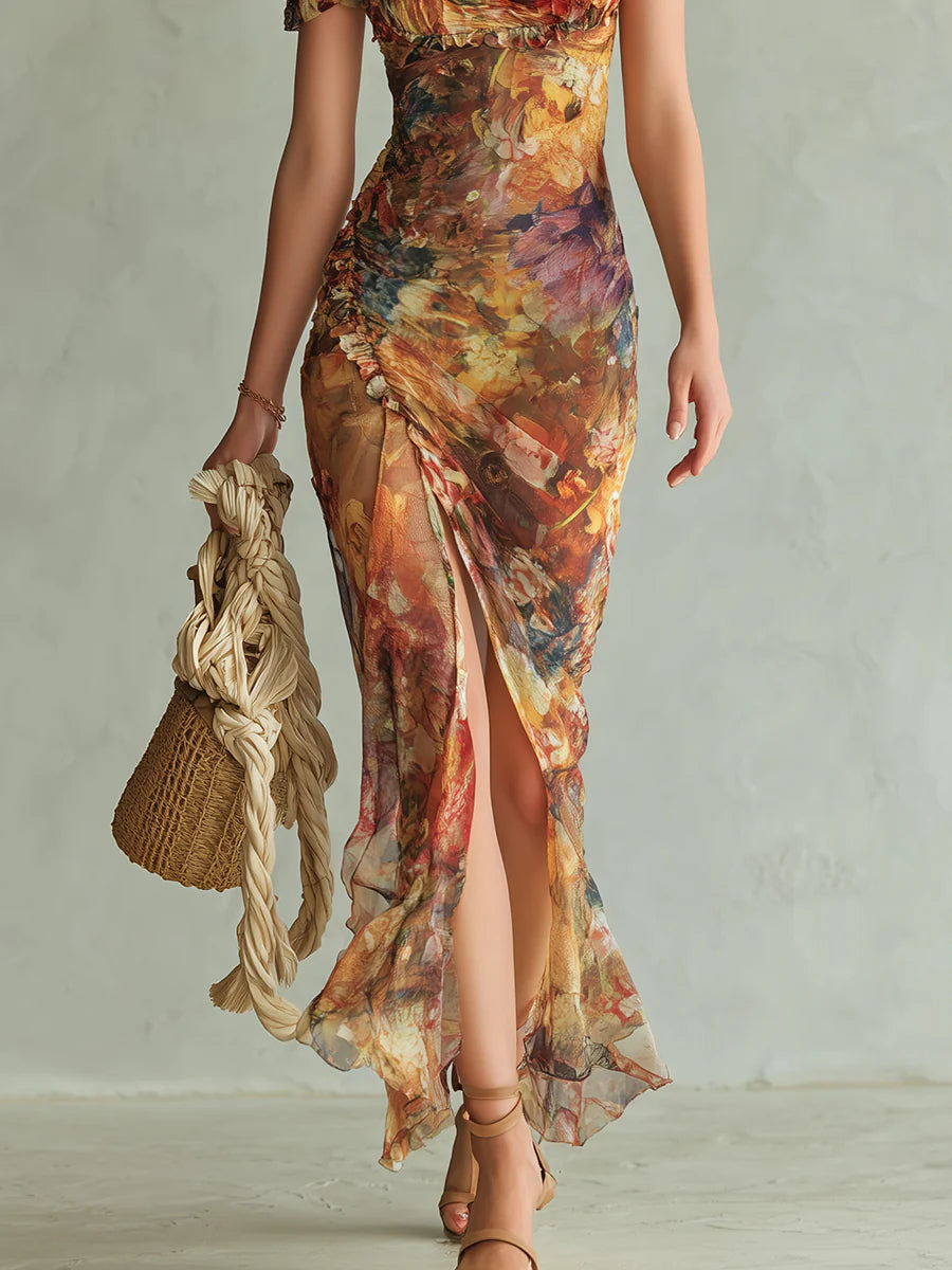 Renata | Bohemian Holiday Oil Painting Print Chiffon Dress