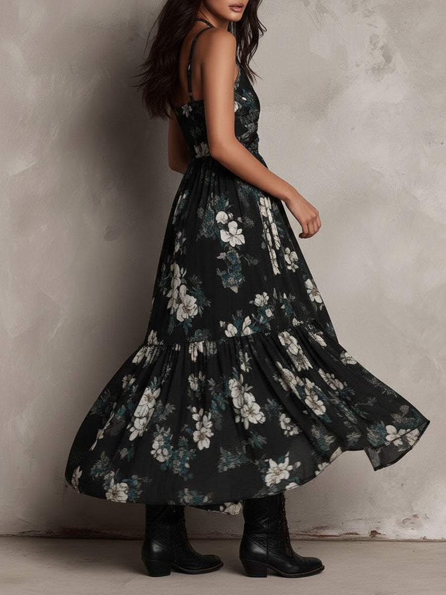Sienna | Bohemian Floral Print Irregular Strapless Maxi Dress