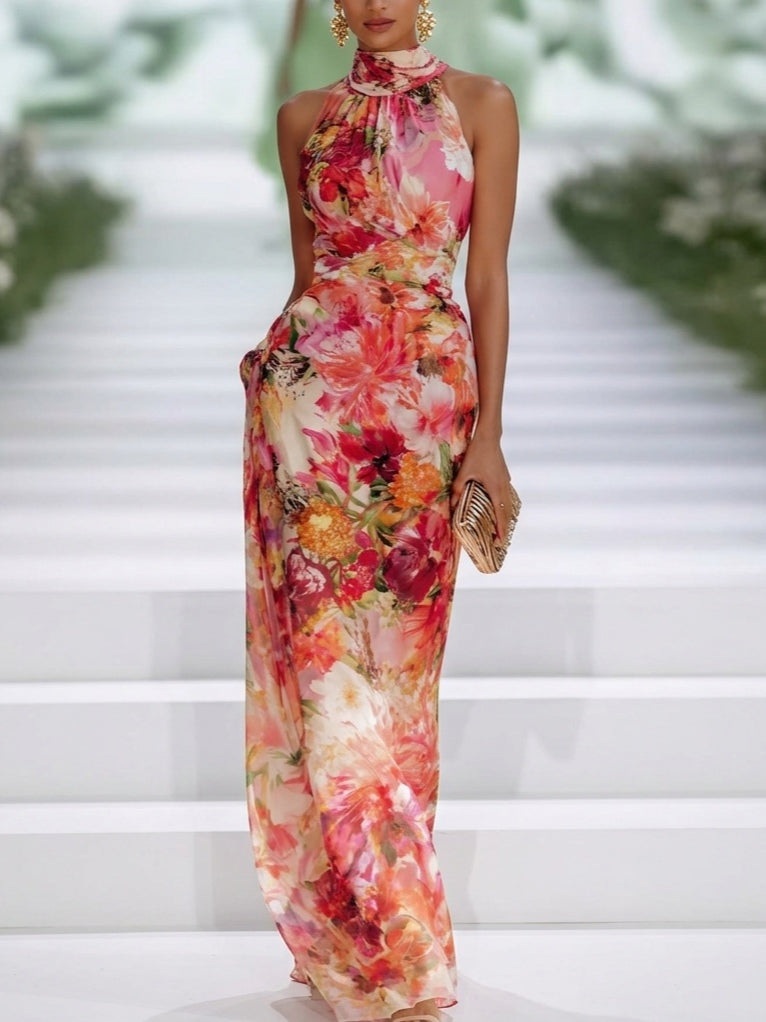 Rosalind-Marie | Chiffon Floral Halter Neck Sleeveless Maxi Dress