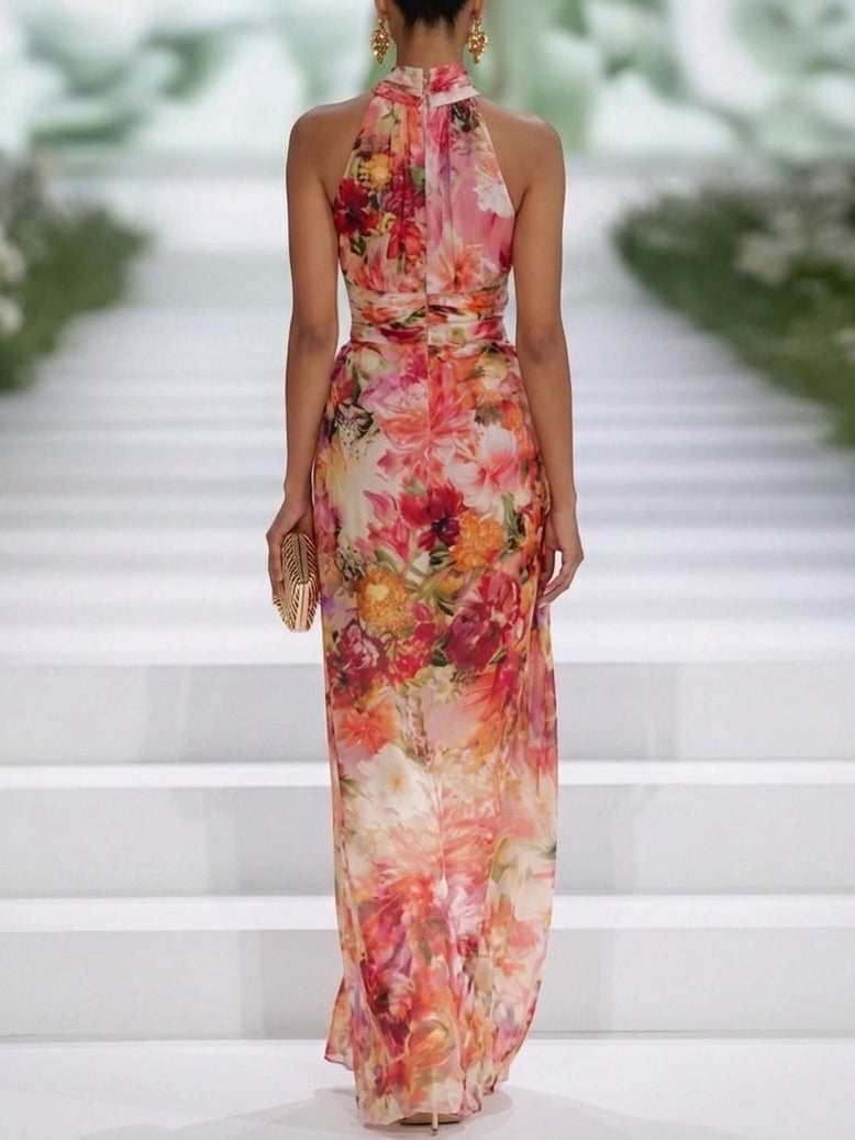 Rosalind-Marie | Chiffon Floral Halter Neck Sleeveless Maxi Dress