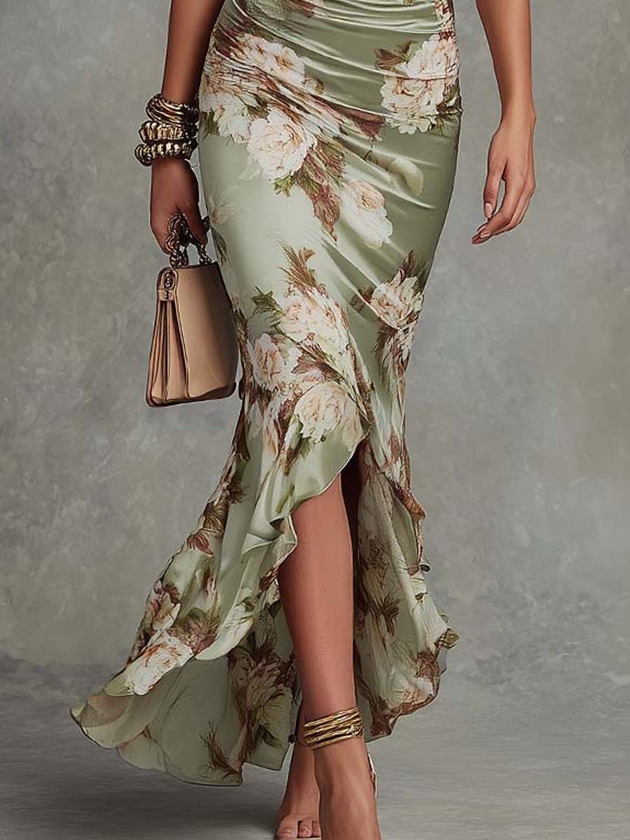 Anastasia | Long Satin Dress with Floral Print