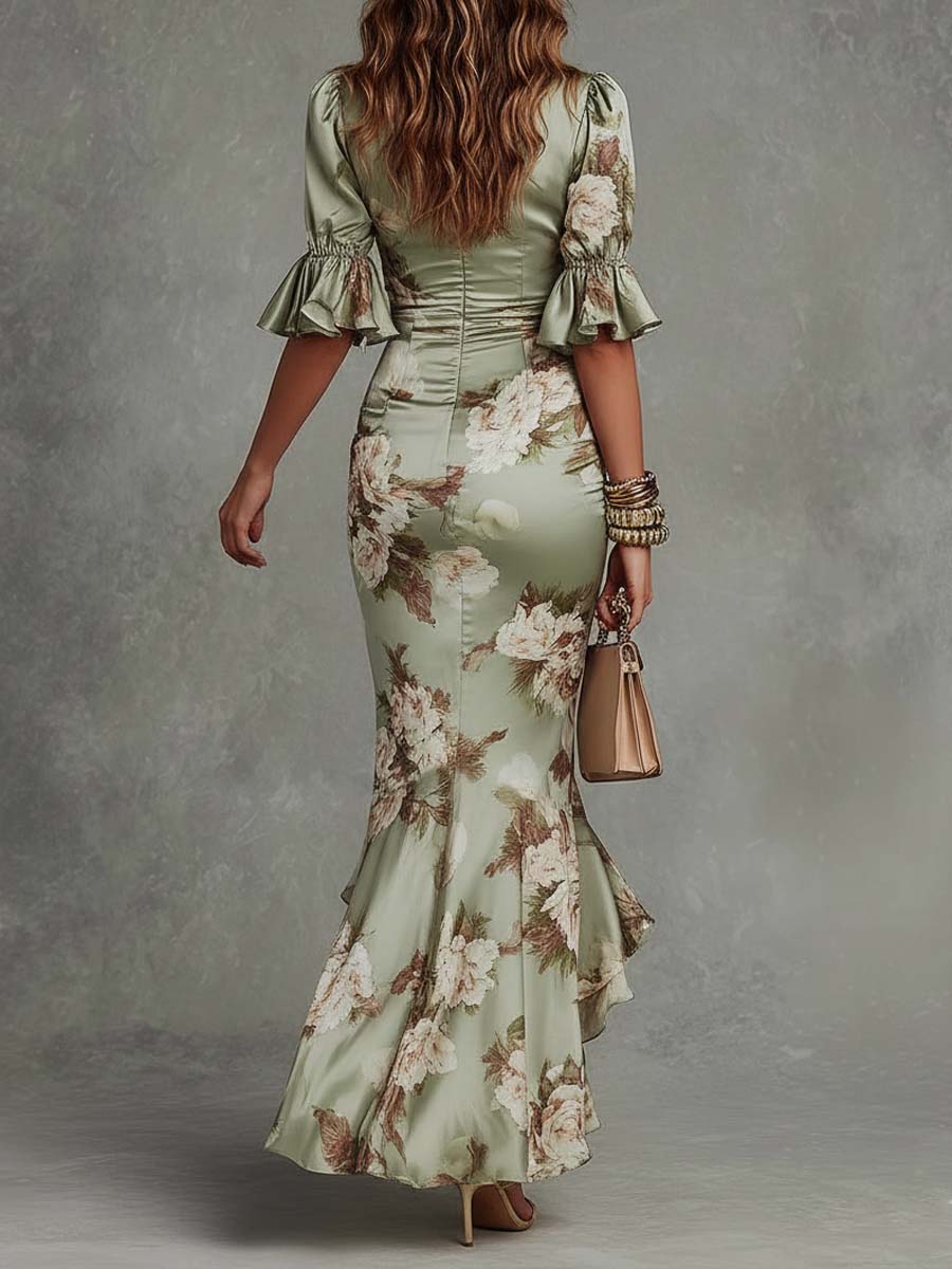 Ilaria | Floral Ruffled Bell Sleeve V Neck Dress