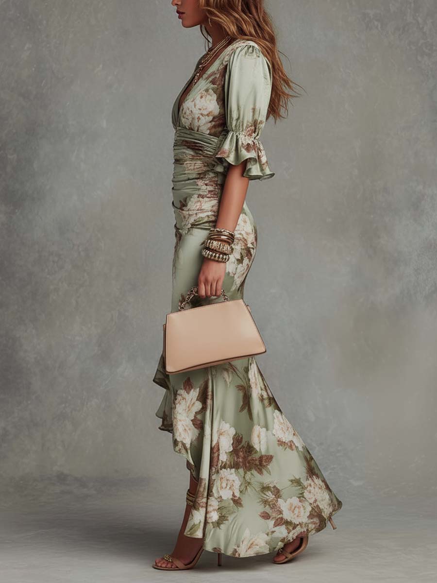 Ilaria | Floral Ruffled Bell Sleeve V Neck Dress