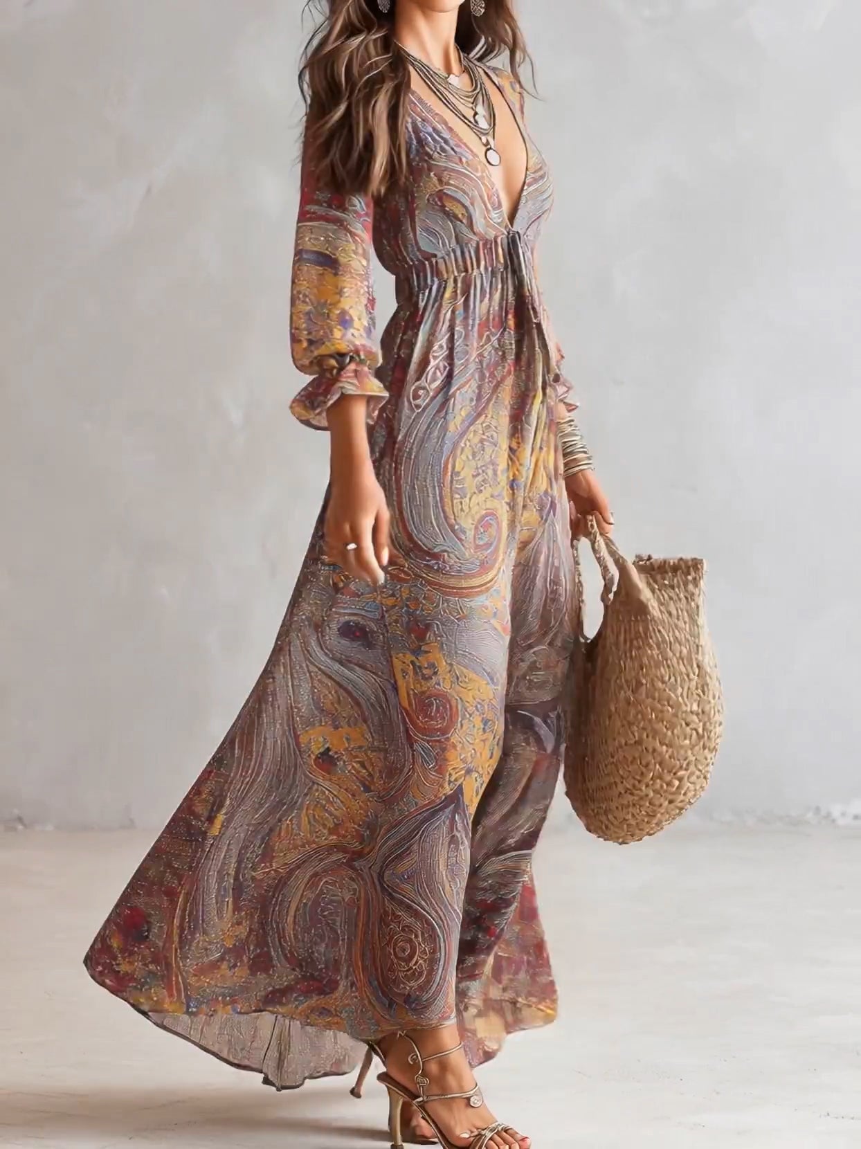 Odette | Paisley Print V Neck Gathered Chiffon Dress