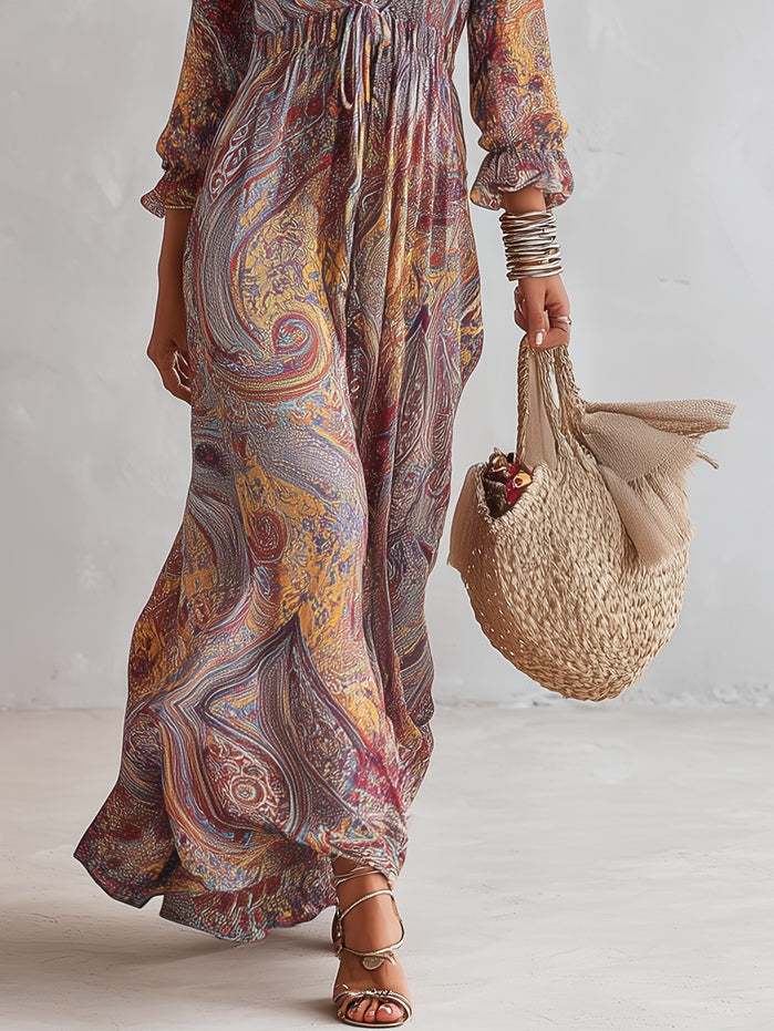 Odette | Paisley Print V Neck Gathered Chiffon Dress