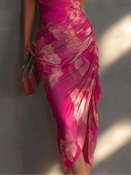 Aurelia | Floral Print Sleeveless Ruched Side Split Dress