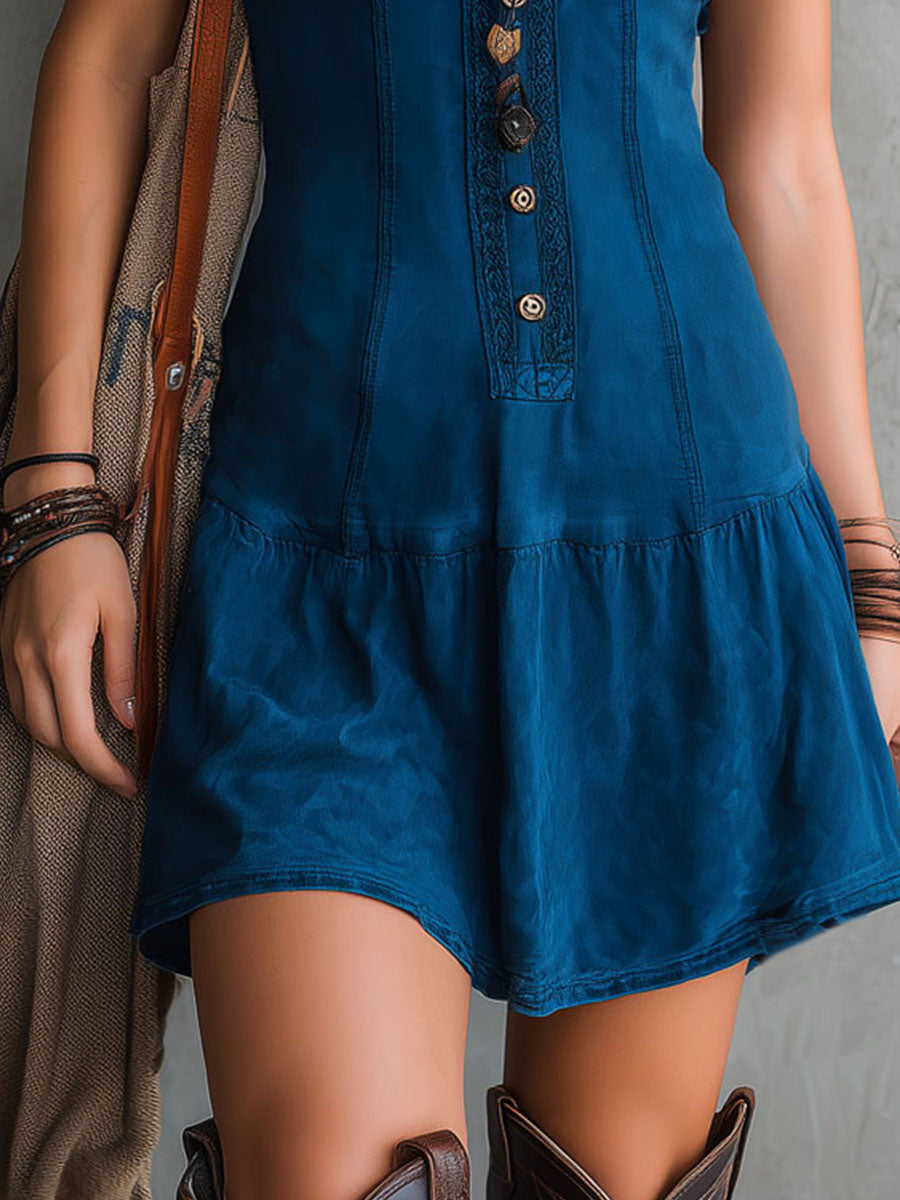 Thea | Bohemian Indigo V Neck Button Down Dress