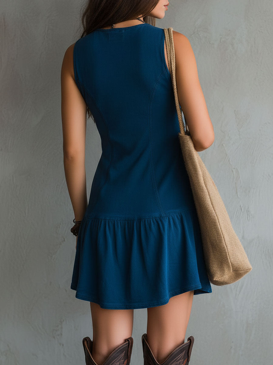 Thea | Bohemian Indigo V Neck Button Down Dress